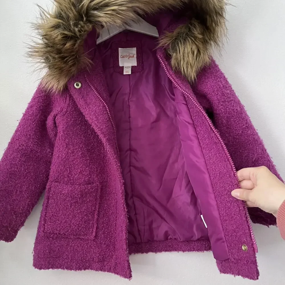 Cat & Jack Fuchsia Textured Faux Fur Trim Coat XS 4/5